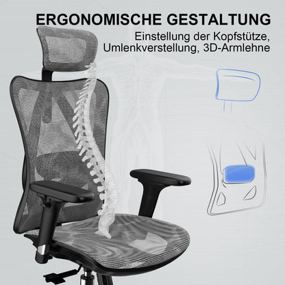 SIHOO Ergonomischer Bürostuhl 3D Armlehne Lendenstütze Netz-Hochlehne Grau