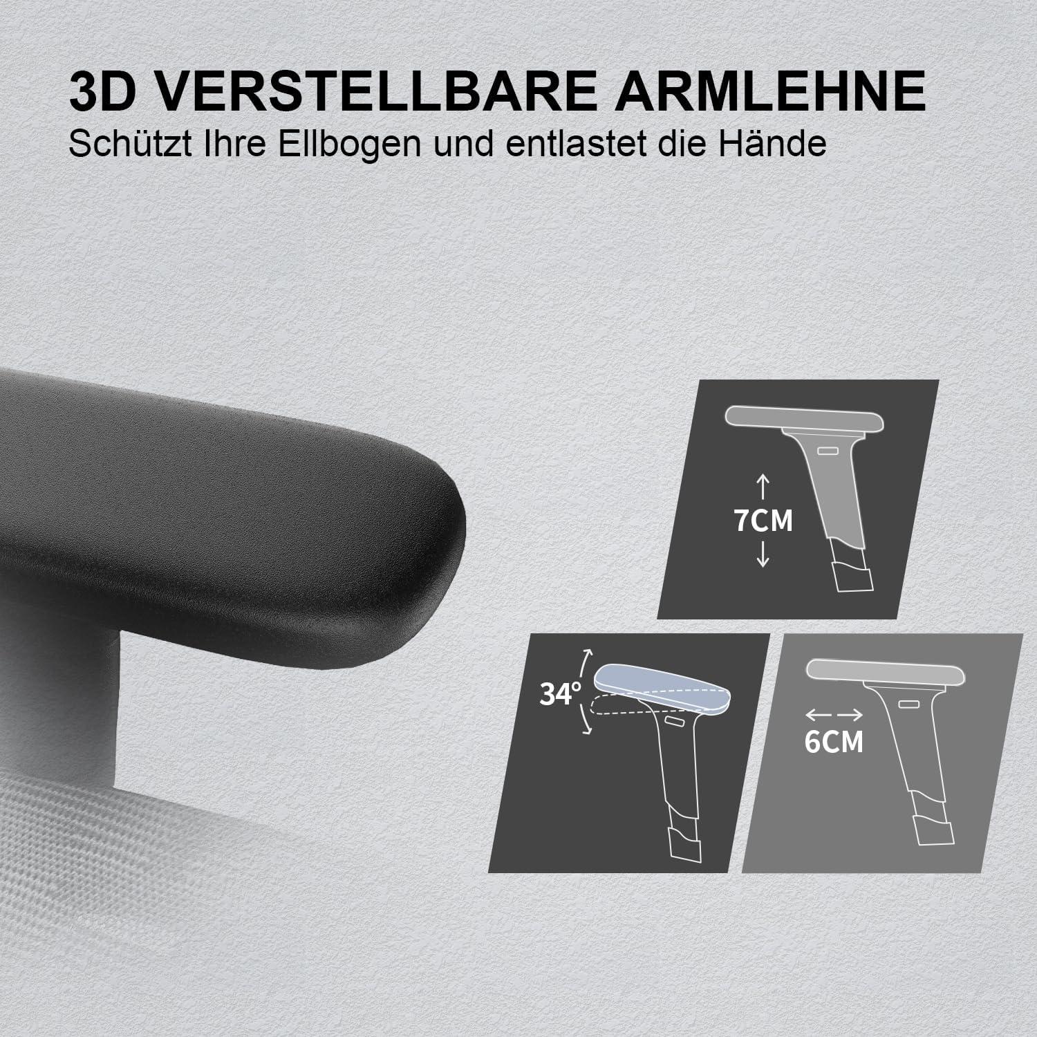 Ergonomischer Bürostuhl mit 3D Armlehne und Lendenwirbelstütze - Grau