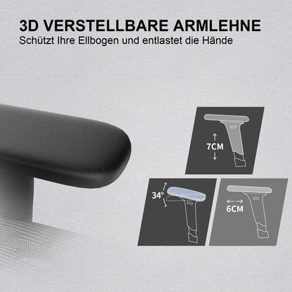 Ergonomischer Bürostuhl mit 3D Armlehne und Lendenwirbelstütze - Grau