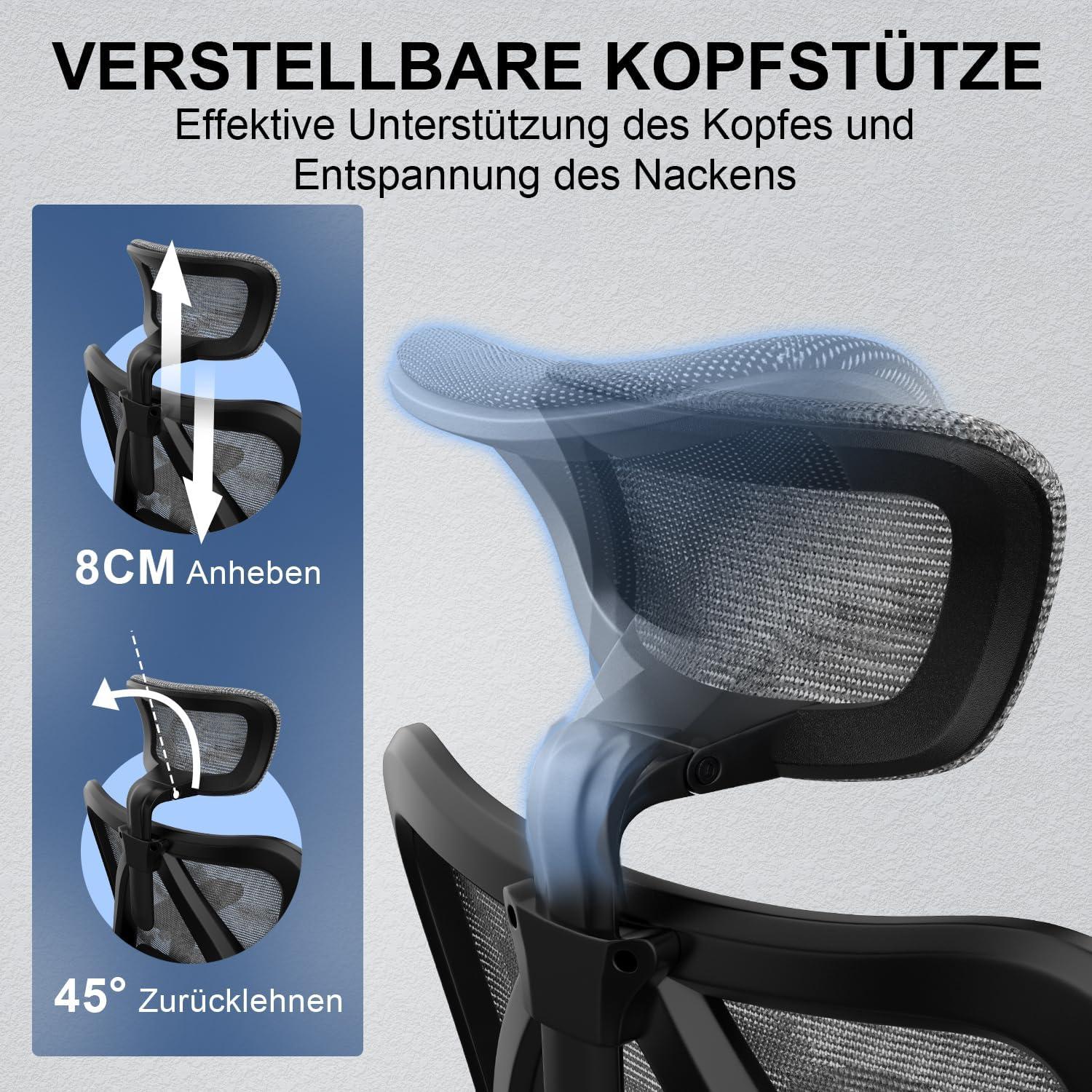 SIHOO Ergonomischer Bürostuhl 3D Armlehne Lendenstütze Netz-Hochlehne Grau