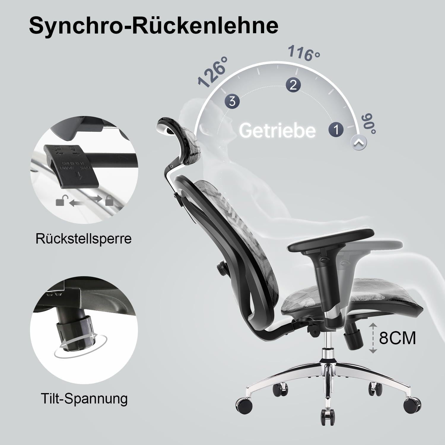 SIHOO Ergonomischer Bürostuhl mit verstellbarer Lendenwirbelstütze und Armlehne, Netz-Hochlehne, belastbar bis 150kg, Grau