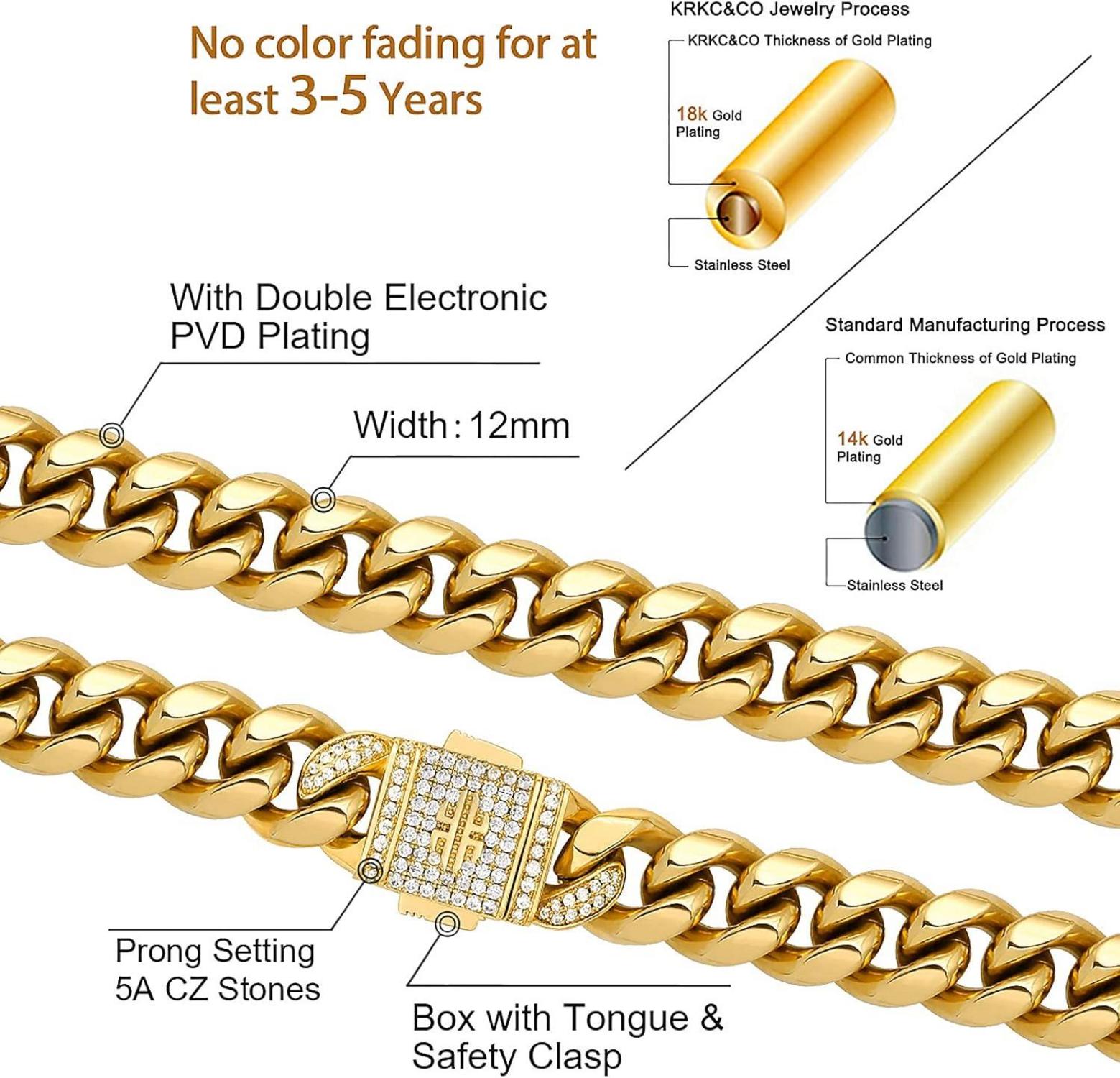KRKC&CO Herren Cuban Link Panzerkette 18K Gold beschichtet mit Iced Out Verschluss 56cm