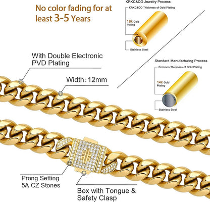 KRKC&CO Herren Cuban Link Panzerkette 18K Gold beschichtet mit Iced Out Verschluss 56cm