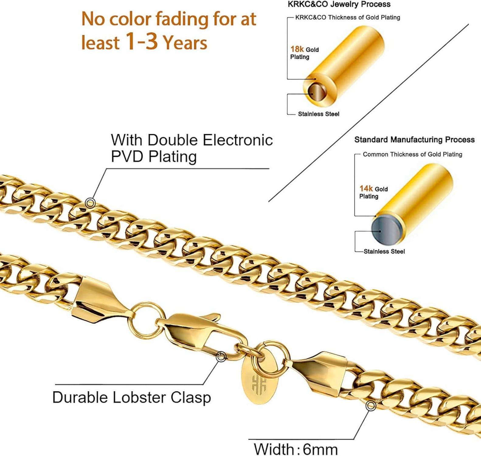 KRKC&CO Herren Panzerkette Edelstahl 6mm Gold Cuban Link Chain 55.9cm Goldkette