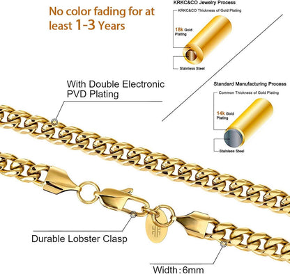 KRKC&CO Herren Panzerkette Edelstahl 6mm Gold Cuban Link Chain 55.9cm Goldkette