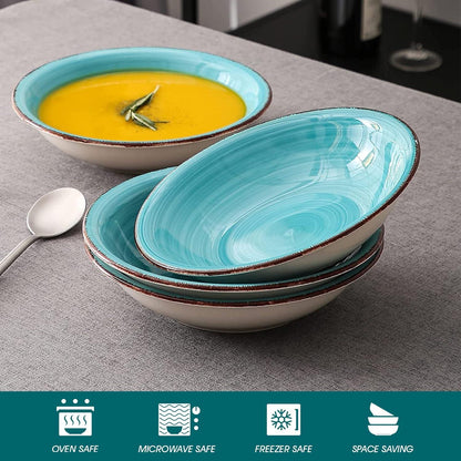 Suppenteller Steingut Bella Set Türkis 4 teilig 19,9cm Handbemalt