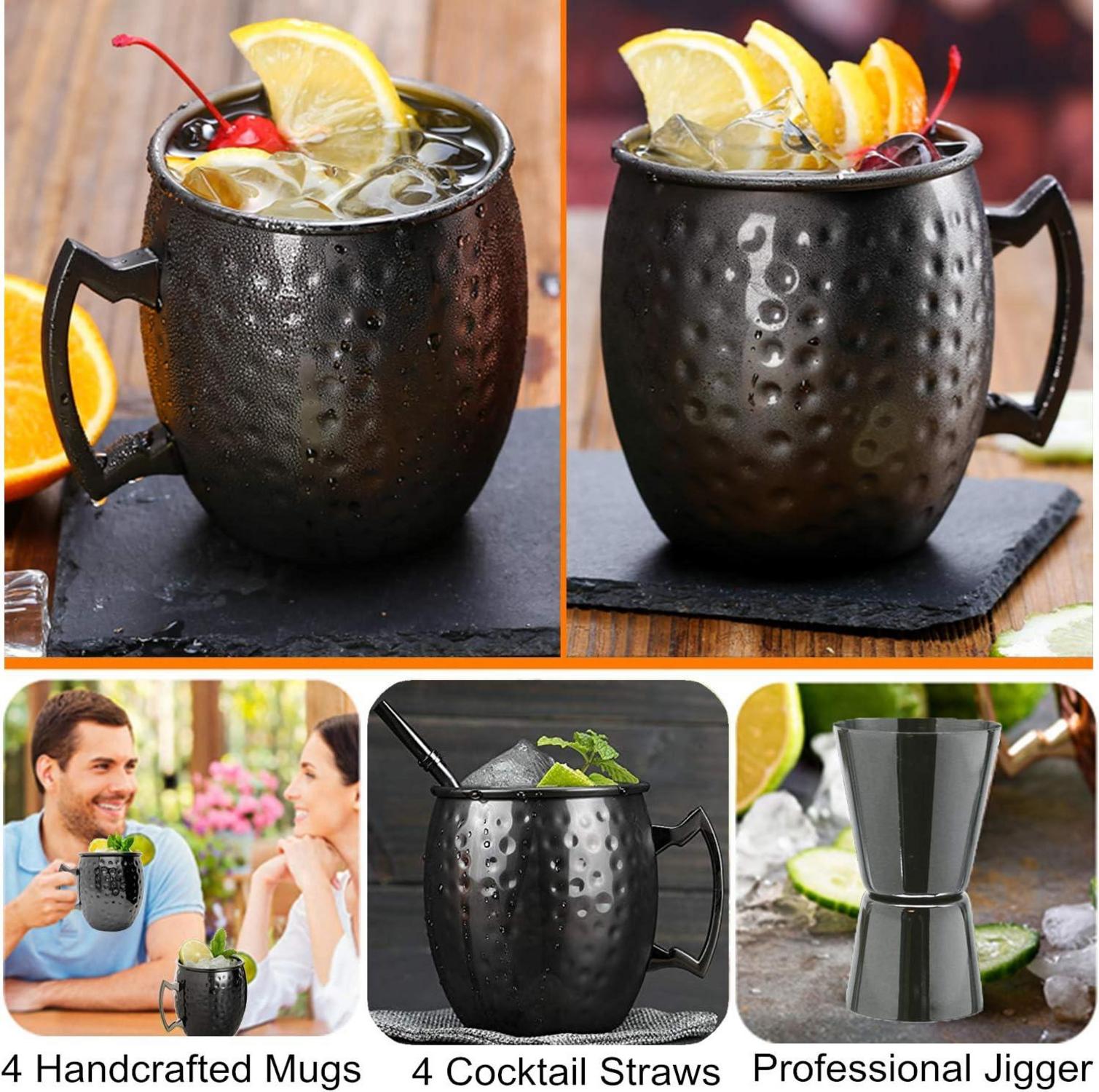 Moscow Mule Becher Set 4 Stück Gunmetal Schwarz 550ml Trinkhalme Messbecher