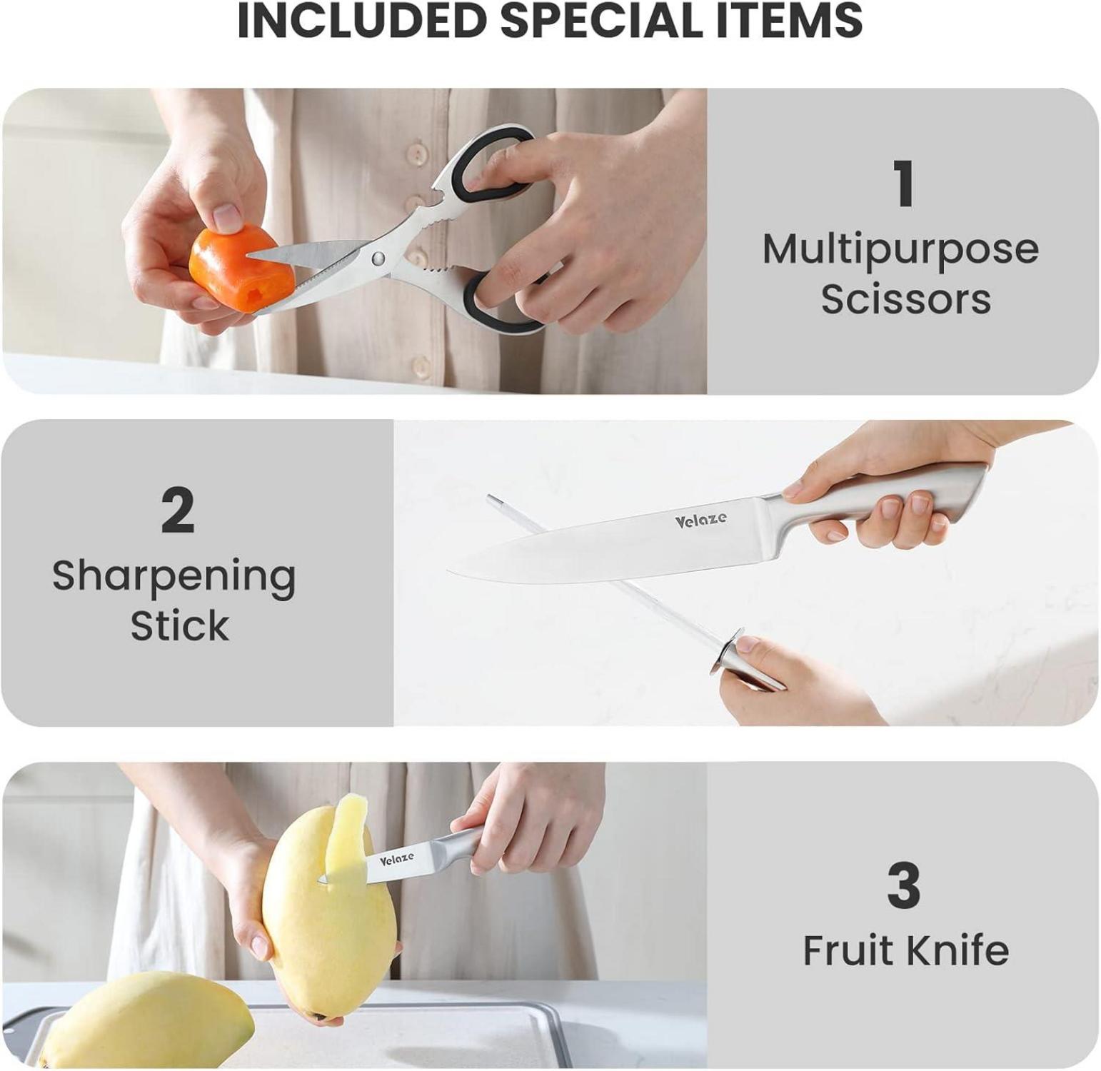 Velaze 8-teiliges Messerblock Set Edelstahl Profi Kochmesser Brotmesser