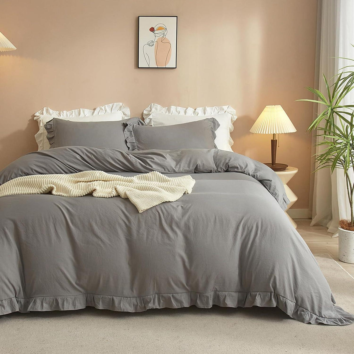Rüschen Bettwäsche Set Grau Schwarz Blumen 135x200 4-teilig