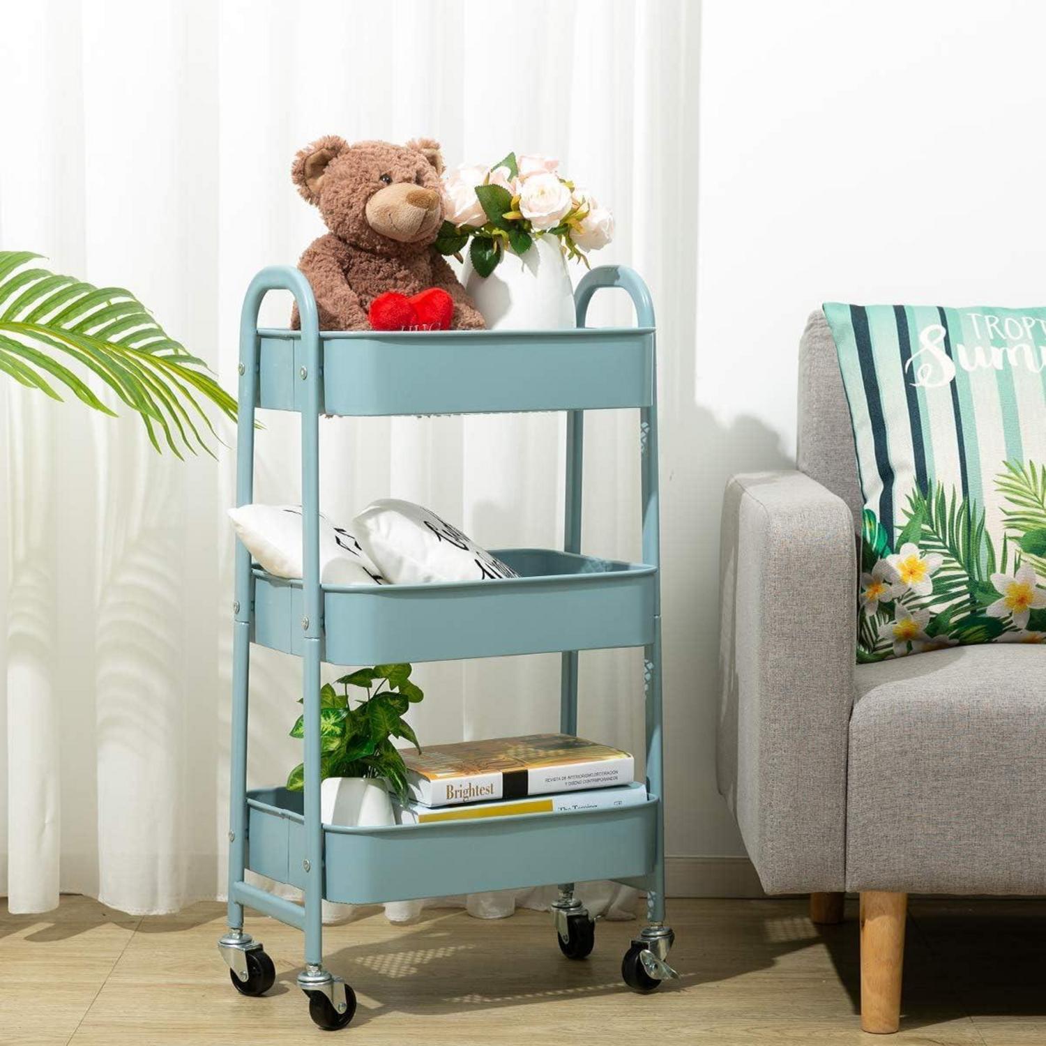 Rollwagen 3-Etagen Metall Utility Cart mit Rädern, grau-blau