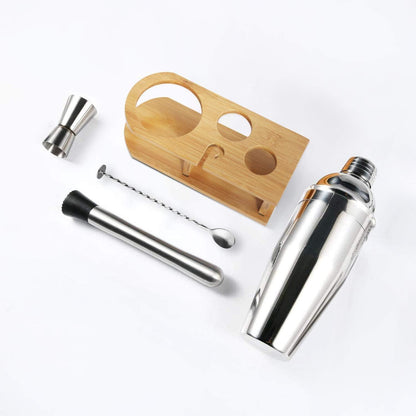5-teiliges Cocktail Shaker Set Edelstahl mit Holzständer