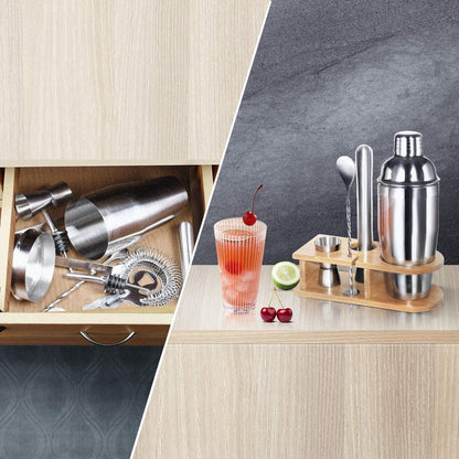 5-teiliges Cocktail Shaker Set Edelstahl mit Holzständer