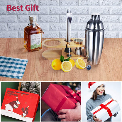 5-teiliges Cocktail Shaker Set Edelstahl mit Holzständer