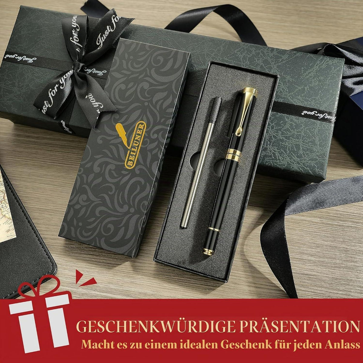 Kugelschreiber Chrom Schwarz Gold | Premium Geschenkset mit Nachfüllpackung