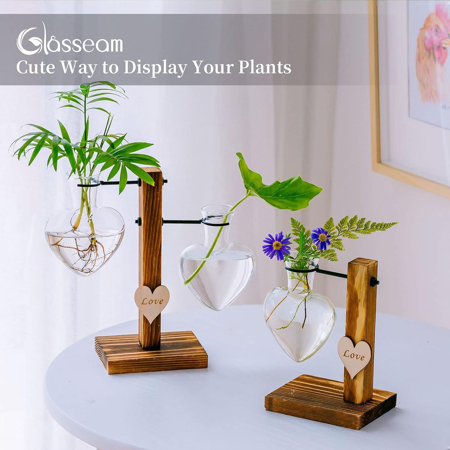 Glasknospenvase Hydroponische Glasvase mit Holzständer 1Herzvase