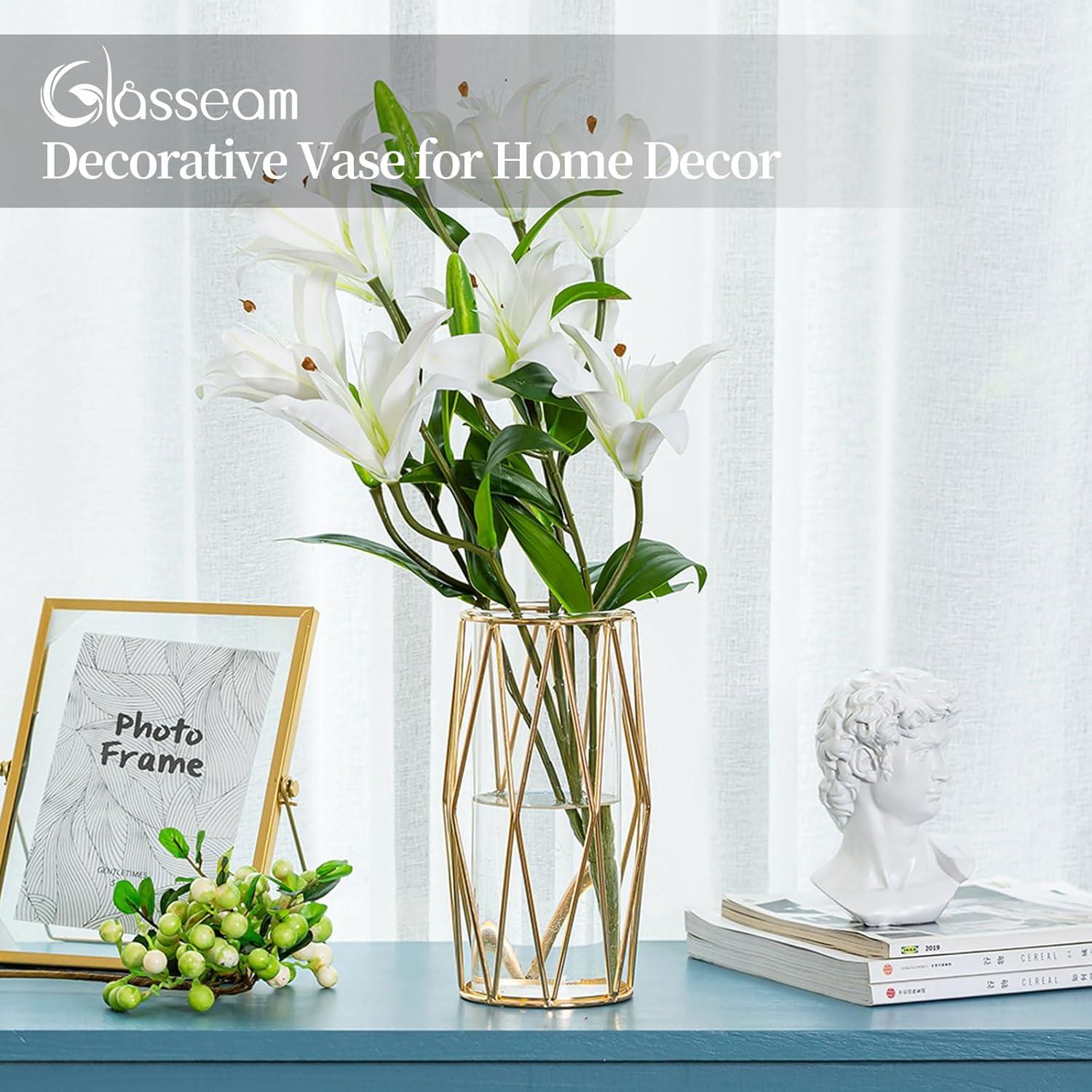 Moderne Glasgoldvase mit Metallgestell für Pampasgras & Blumen
