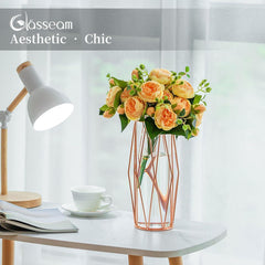 Moderne Glasvase Roségold mit Metallständer, 27cm hoch