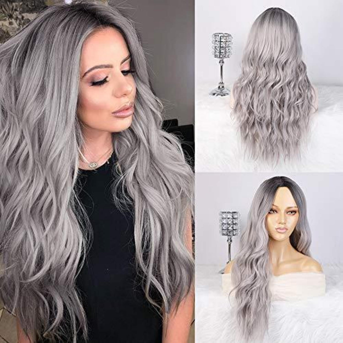 Graue Lang Lockige Damen Perücke Ombre Silber Haar Perücke