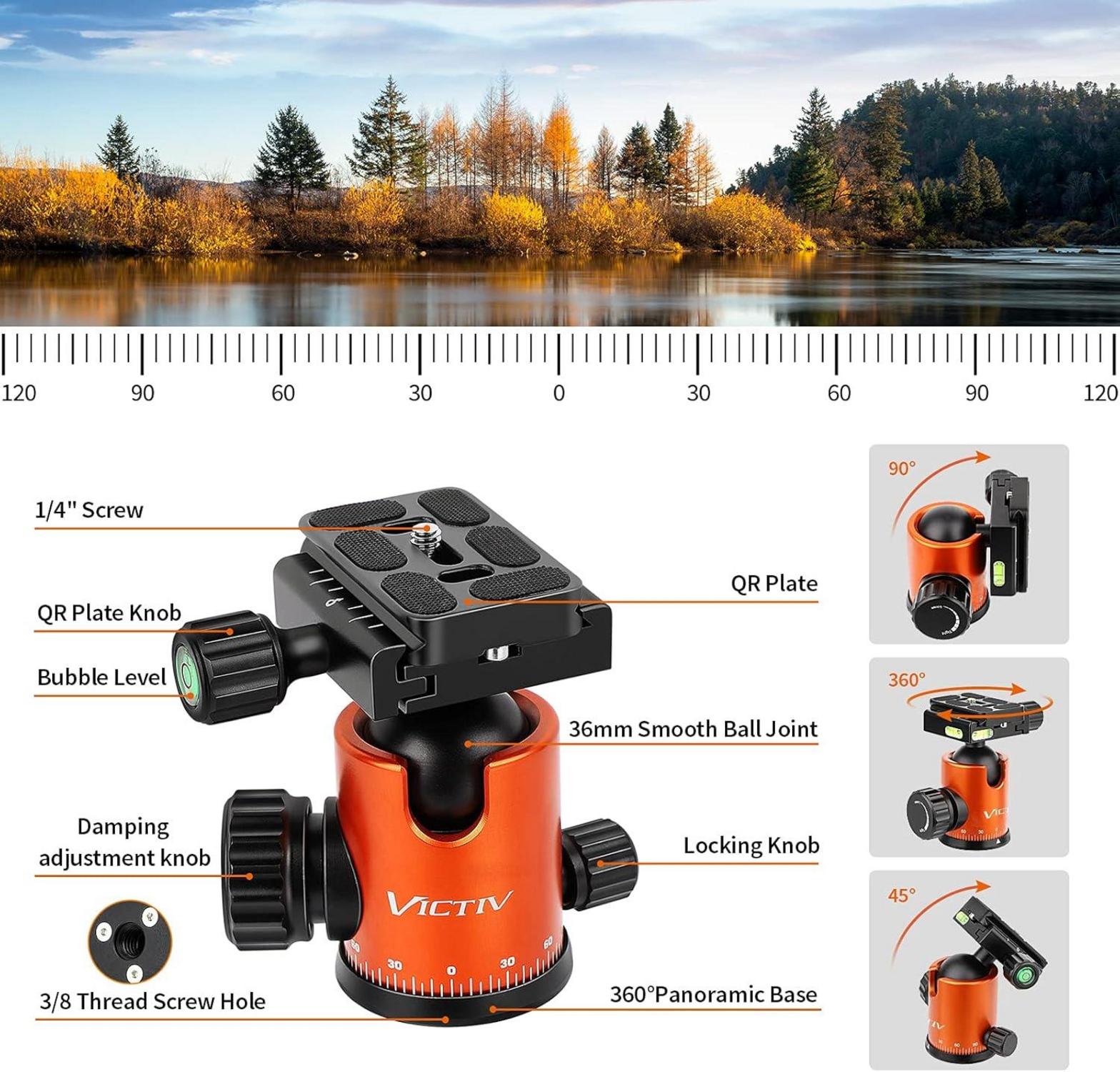 Professionelles 205cm Kamera-Stativ Aluminiumlegierung DSLR Reisestativ 360° Kugelkopf 10 kg Traglast Orange