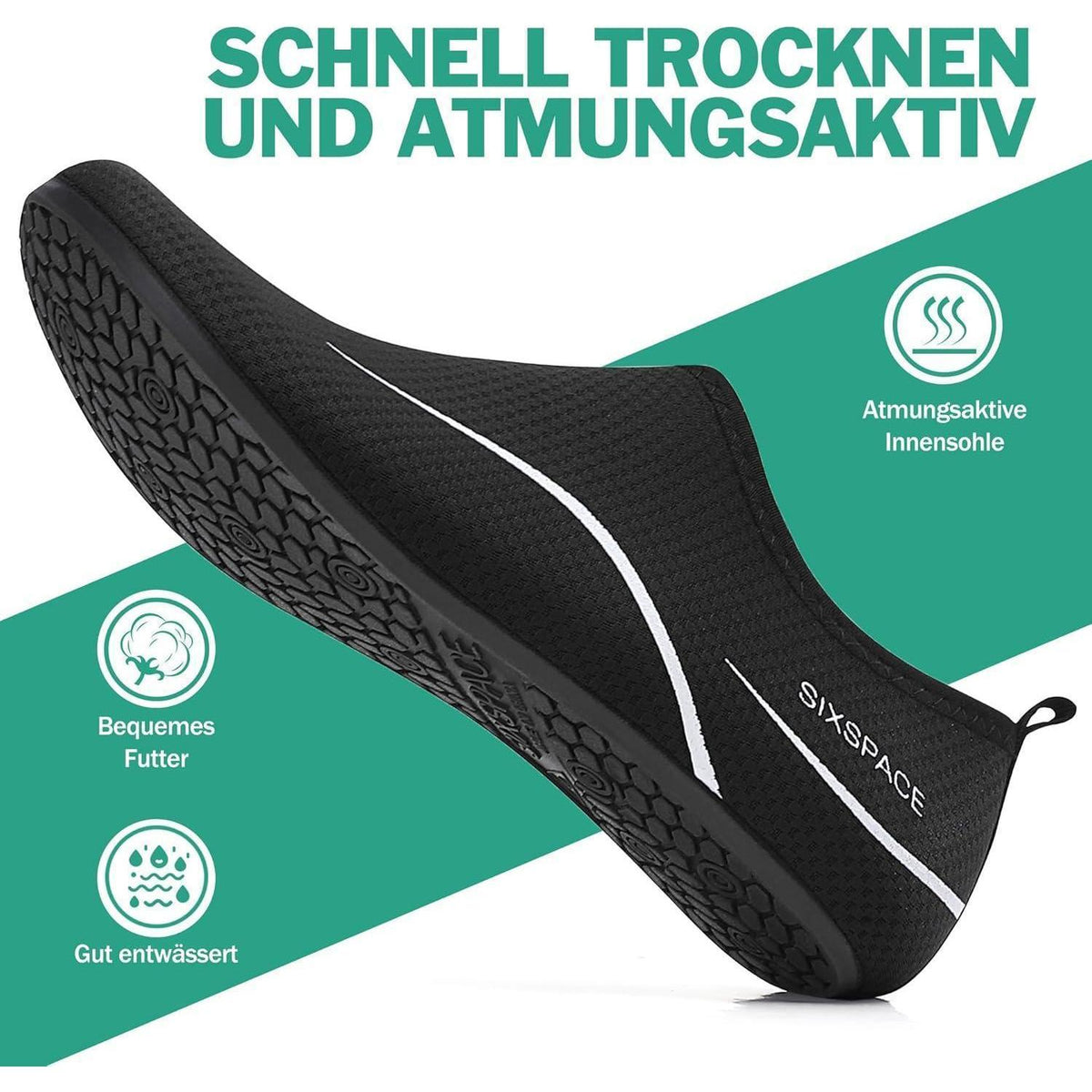 Wasserschuhe Schnell Trocknend Rutschfest für Damen und Herren Schwarz