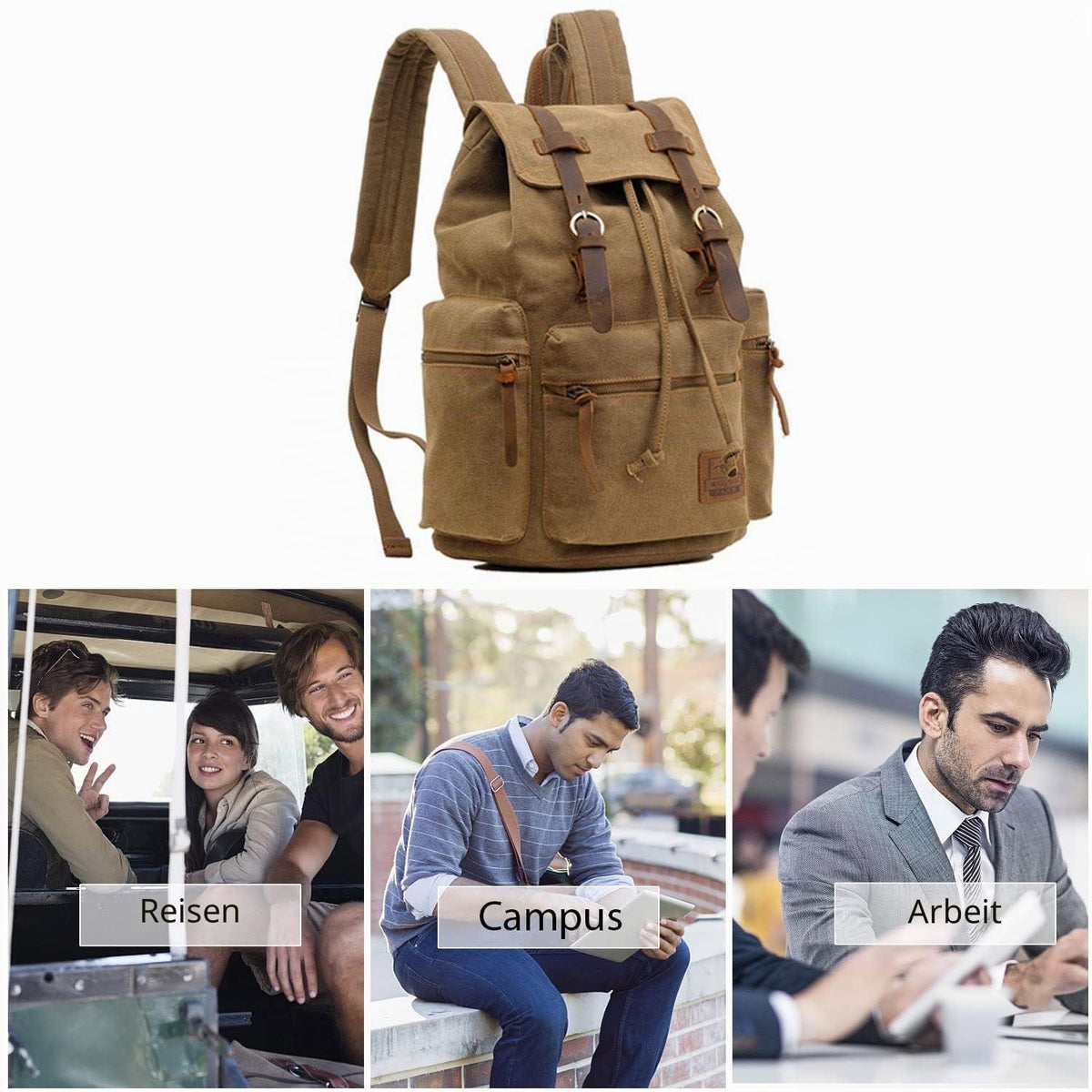 Vintage Canvas Rucksack – Daypack für Laptop, Schule & Reisen