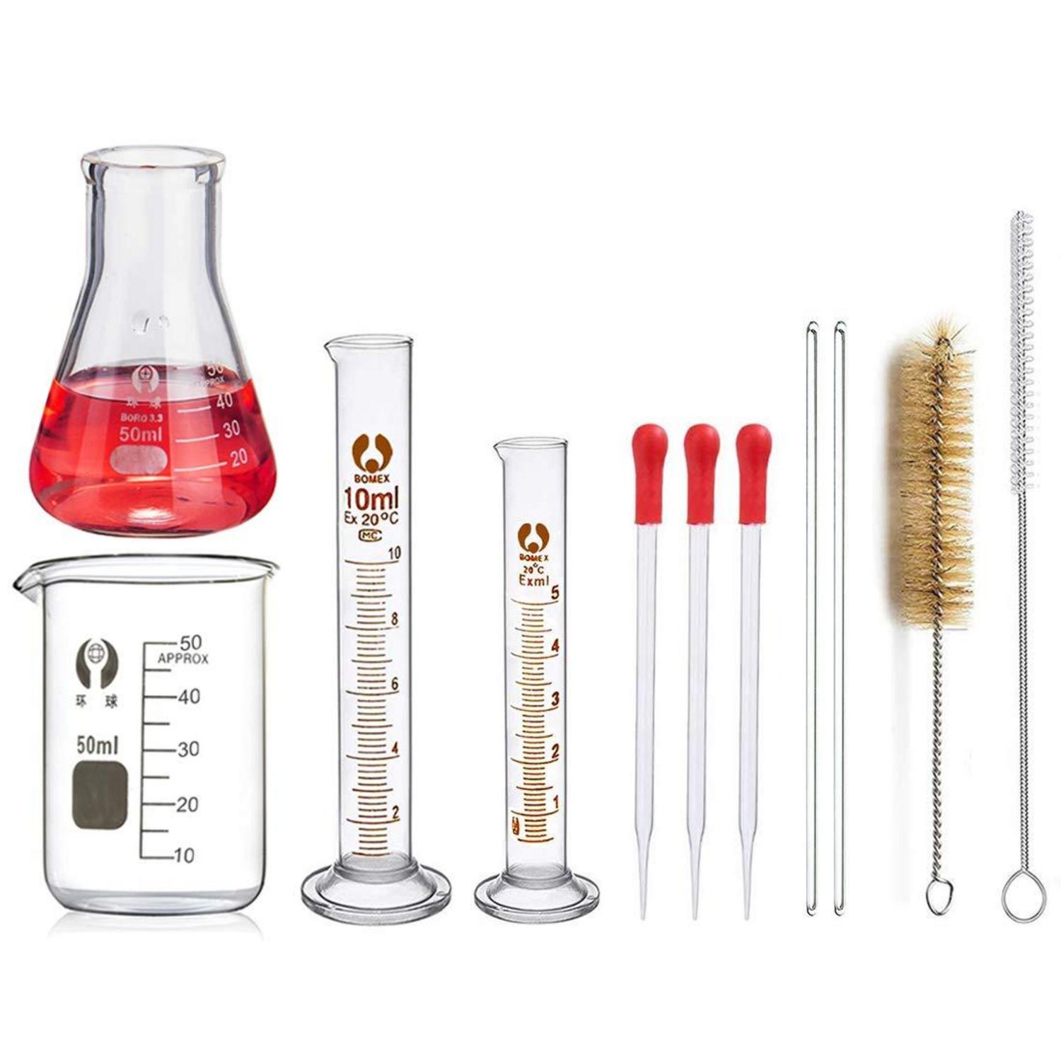Glas Labor Set 11-tlg. Erlenmeyerkolben Becher Messzylinder Pipetten