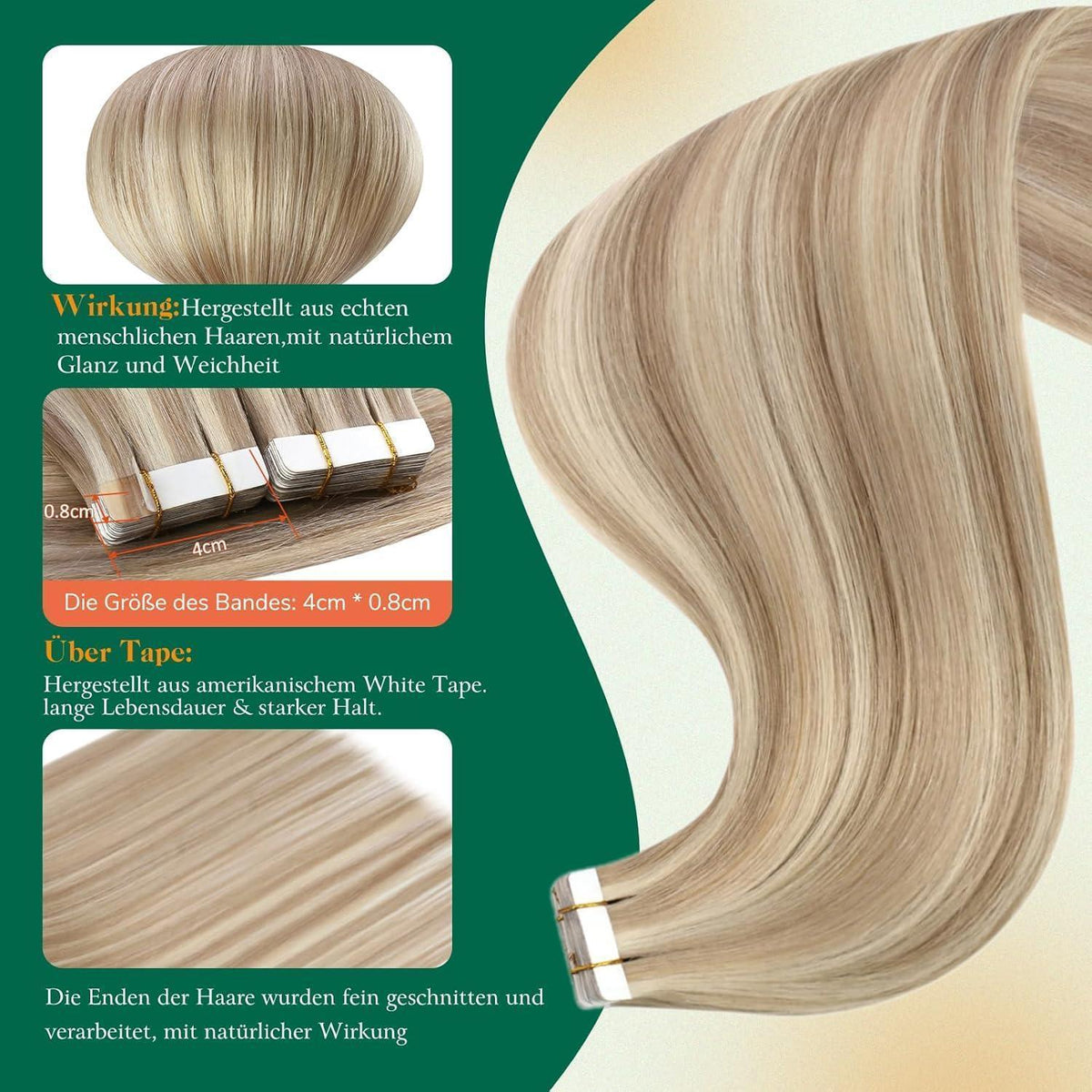 Echthaar Tape Extensions Blond Aschblond 30cm #18/613