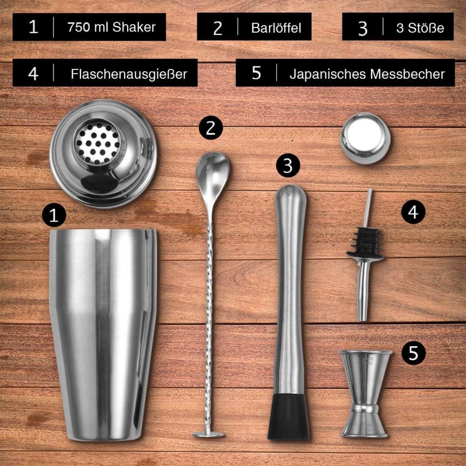 Professionelles 750ml Cocktail Shaker Set 5-teilig für Barkeeper