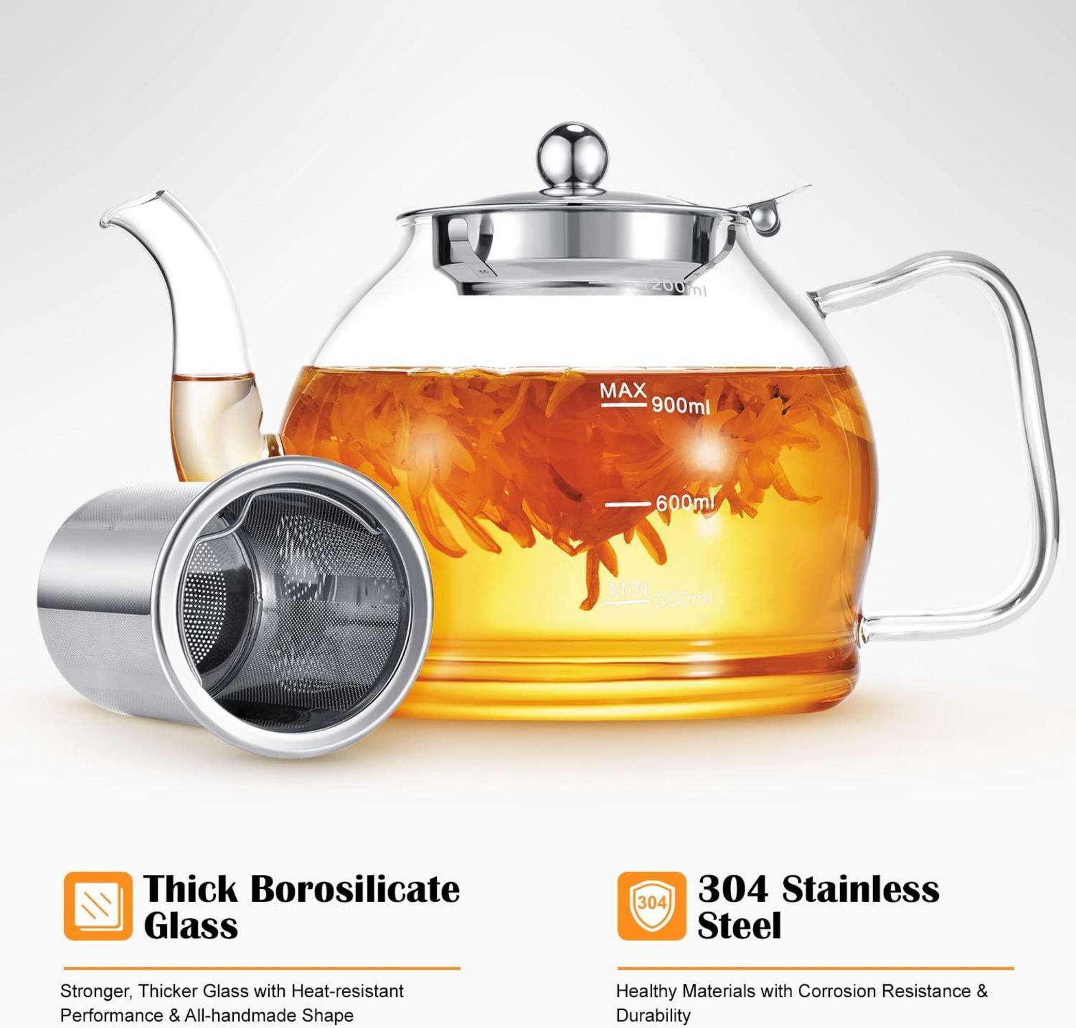 Teekanne Glas mit Siebeinsatz Tee Kanne 1.2L Hitzebeständig