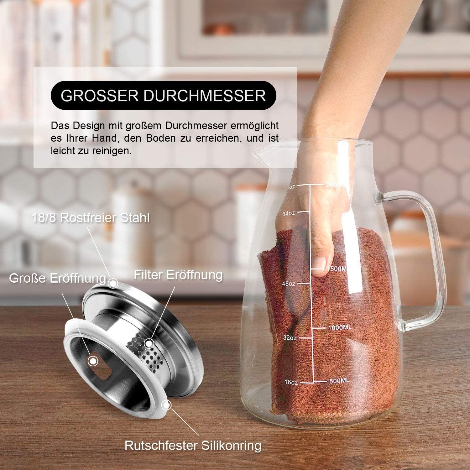 Glaskaraffe 2 Liter mit Edelstahldeckel und Borosilikatglas