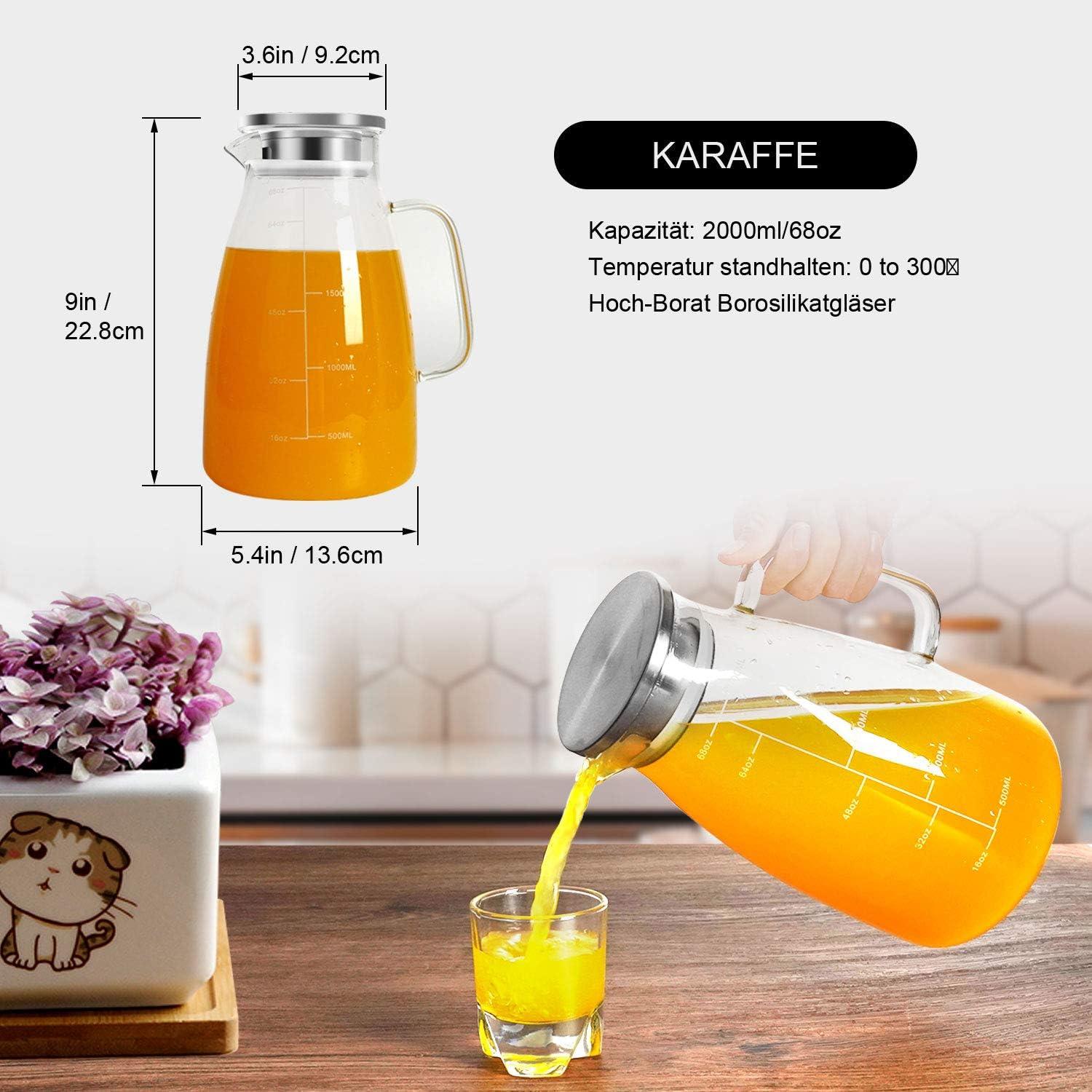 Kristallklare Karaffe 2 Liter - Glaskanne mit Deckel