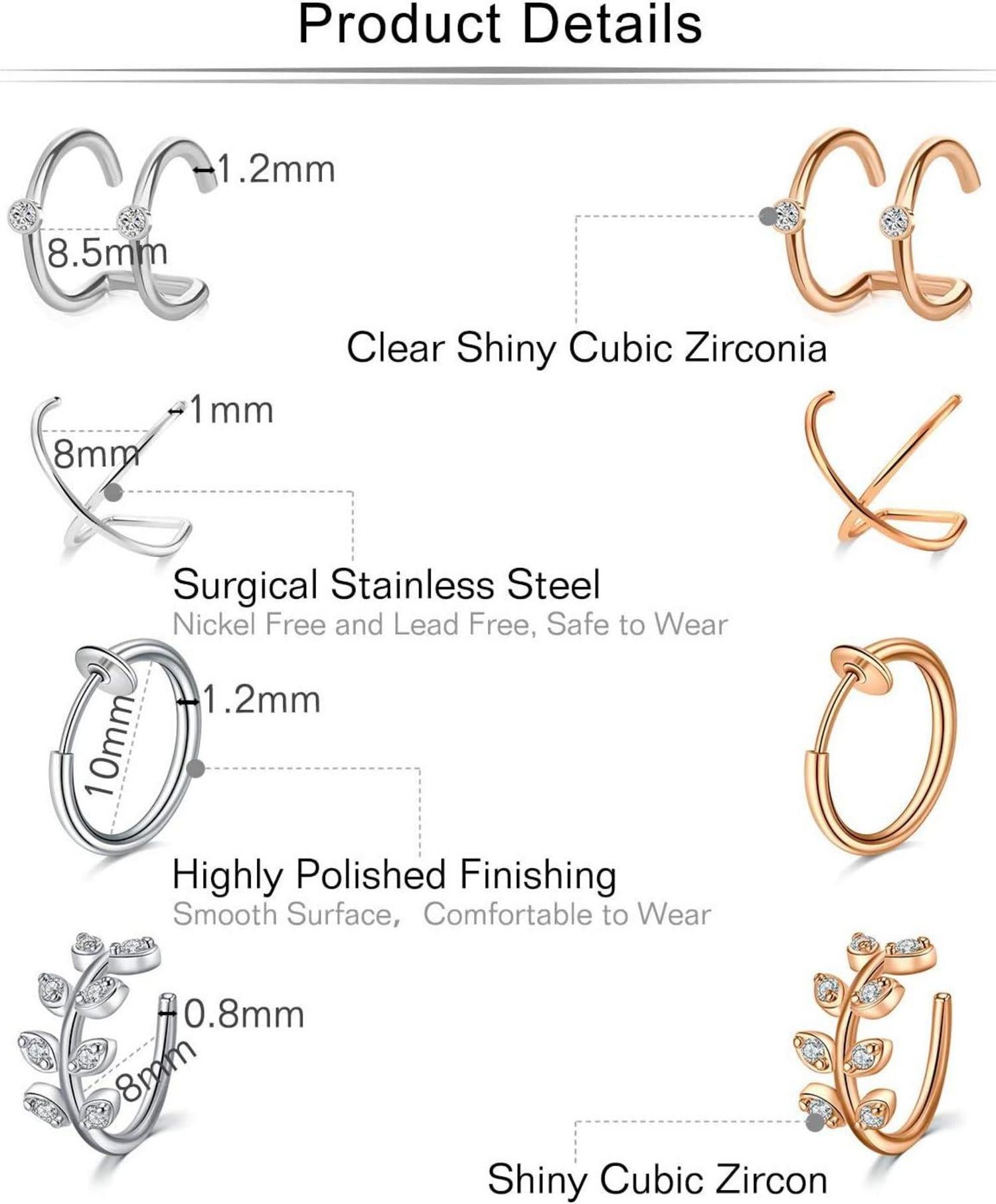 Mayhoop 16Stk Fake Piercings Ohr Manschette Edelstahl 8 Paar