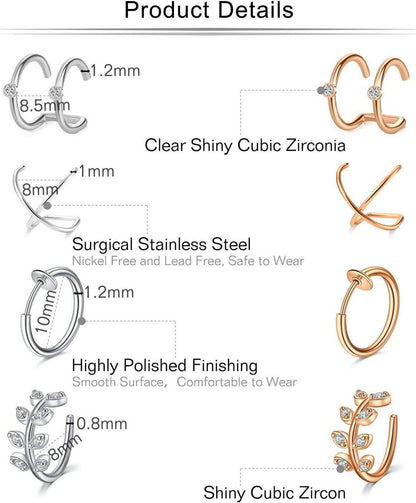 Mayhoop 16Stk Fake Piercings Ohr Manschette Edelstahl 8 Paar