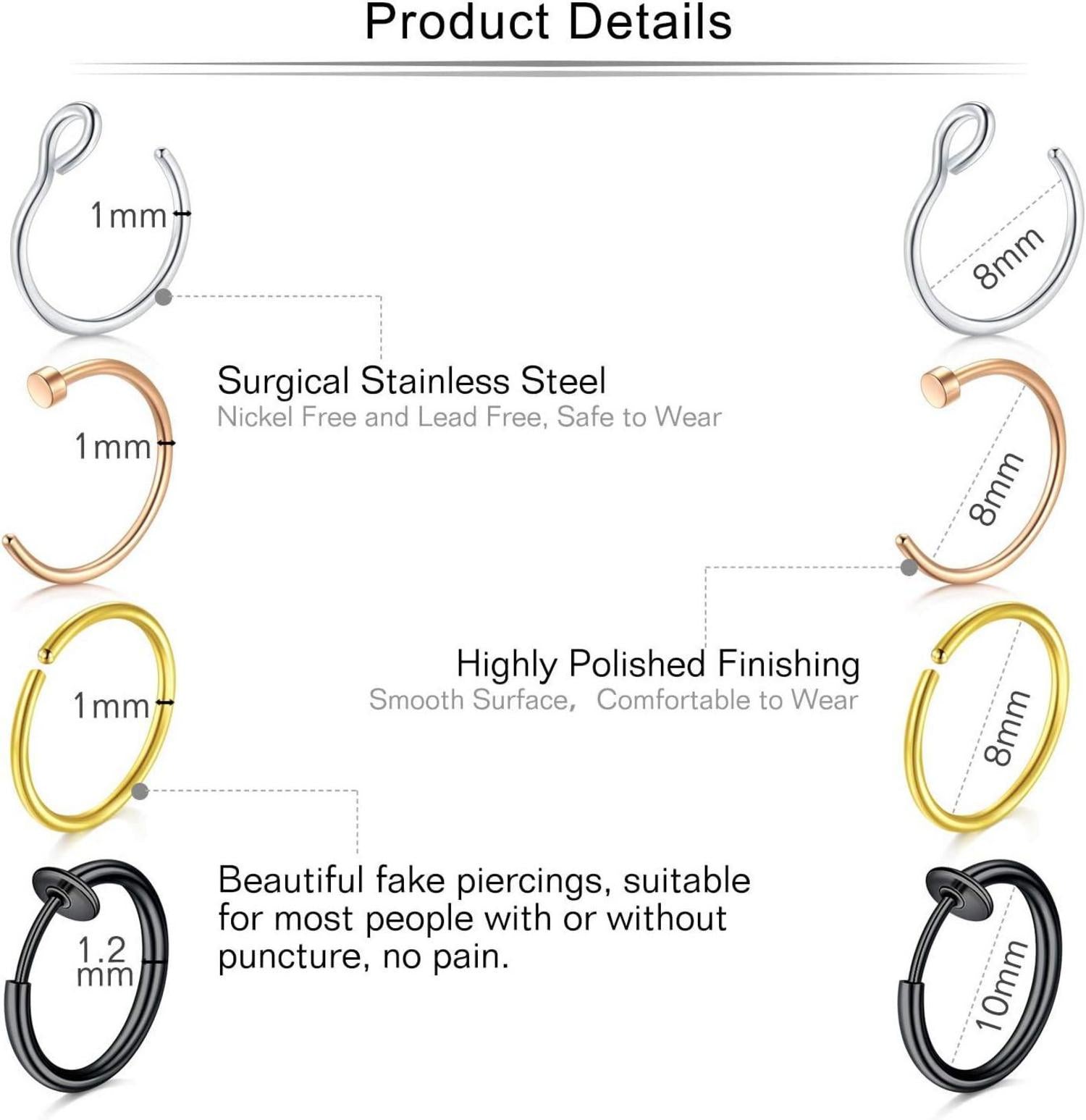 Mayhoop 16 Stk 20G 8mm Fake Nasenpiercings Edelstahl