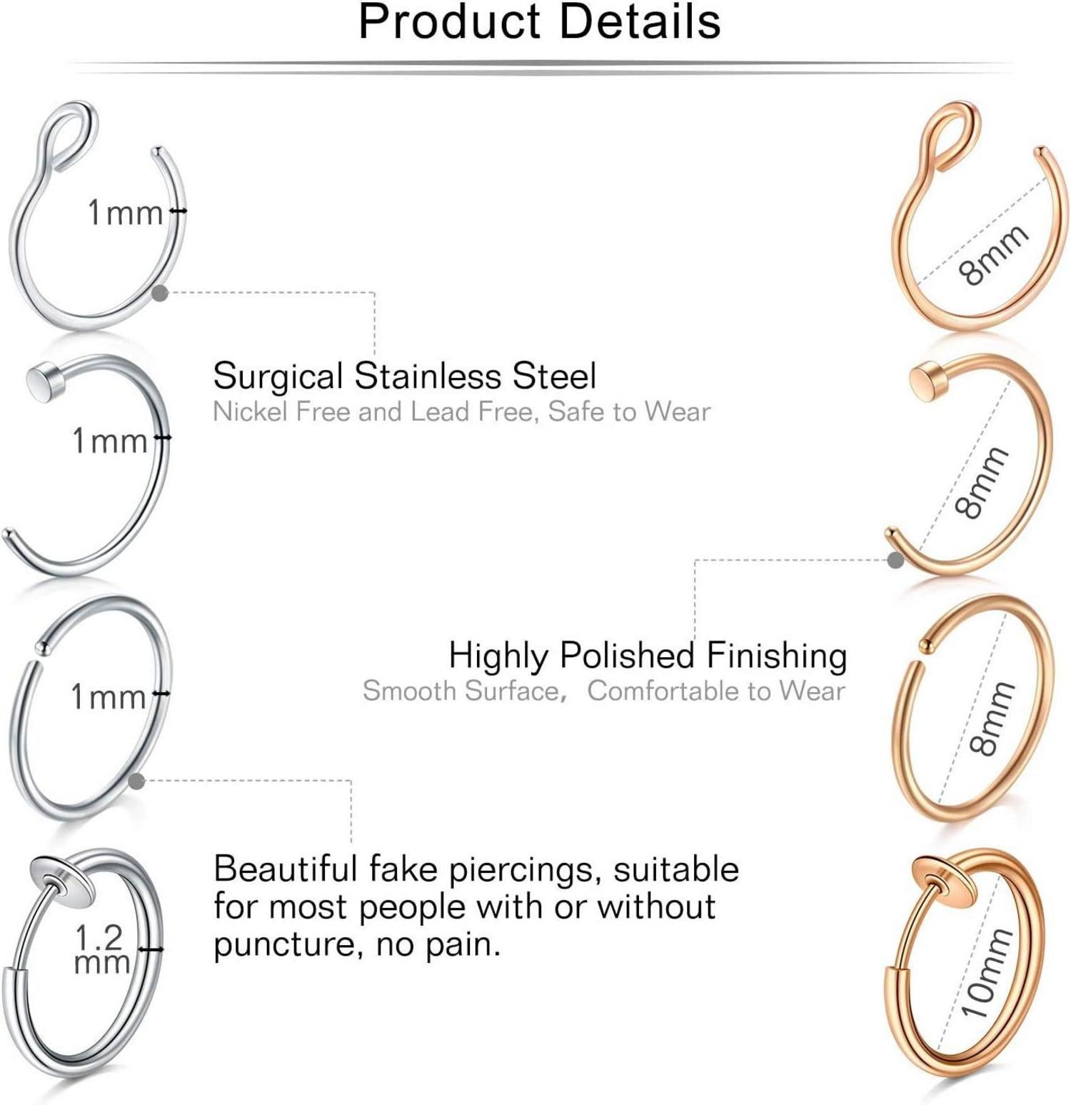Mayhoop 16 Stk. Fake Nasenpiercings 20G 8mm Edelstahl Nase