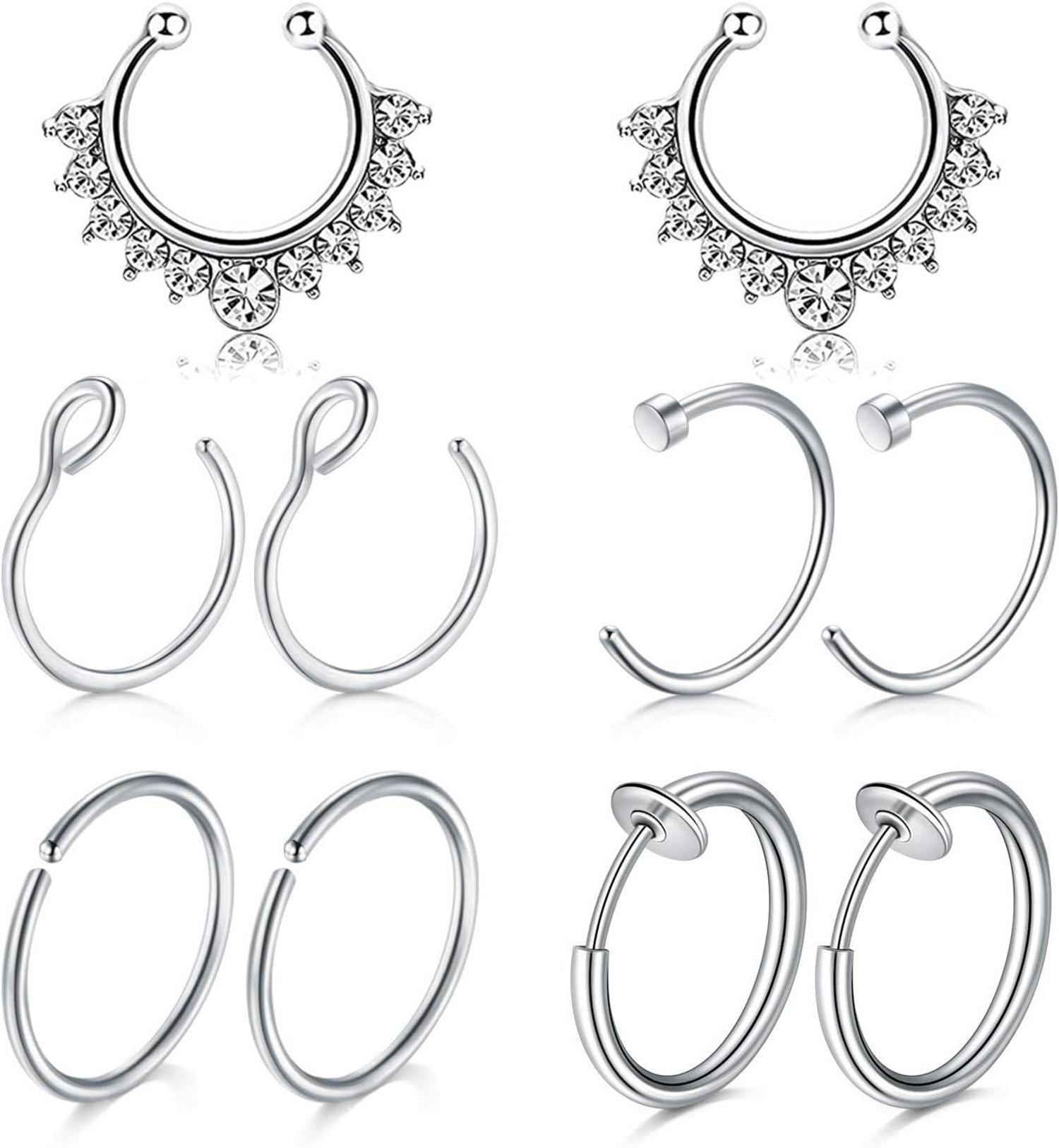 Fake Piercings Set Nasen Septum Lippe Ohr Silber Rosegold 10 Stück
