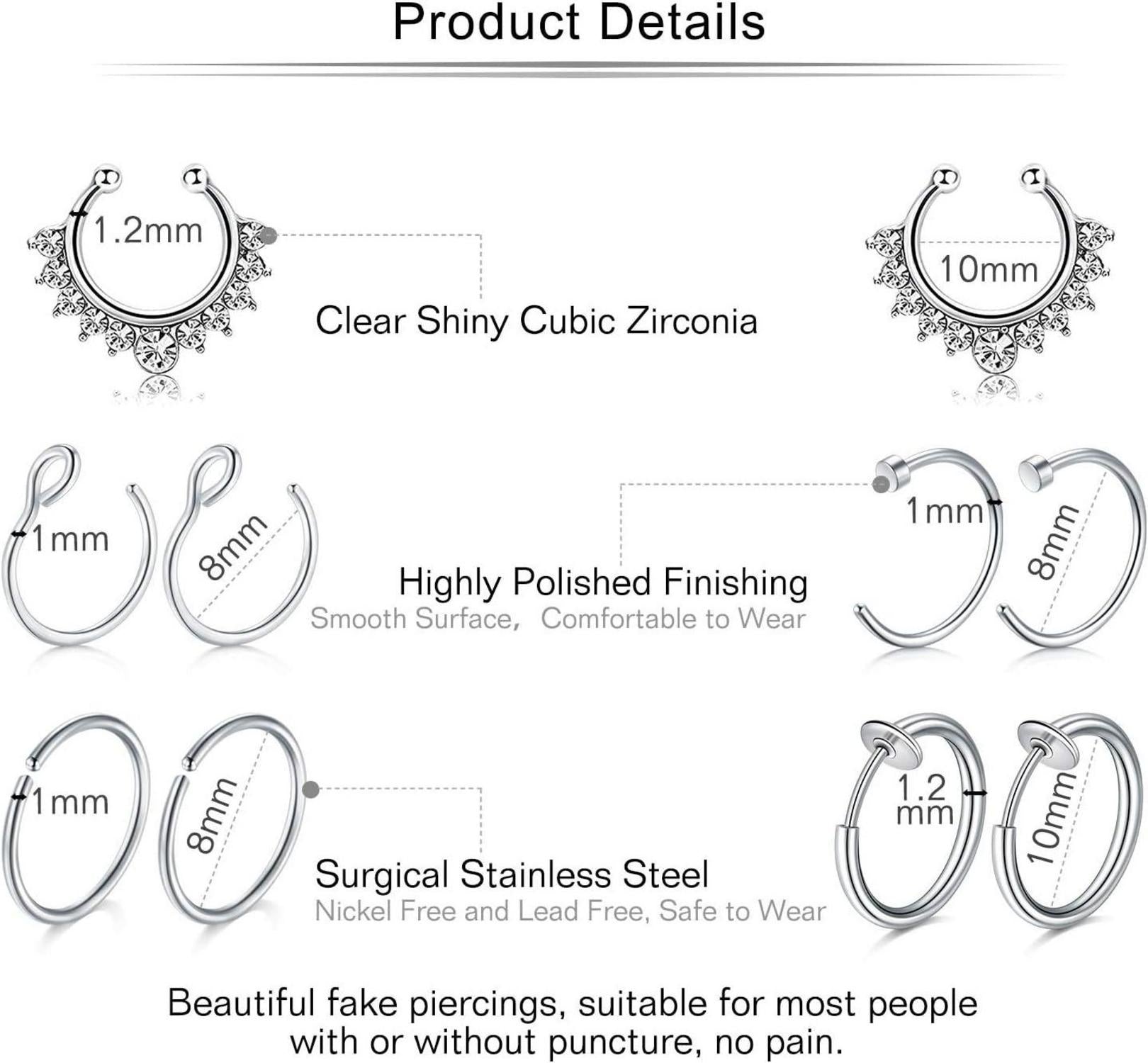 Mayhoop Fake Piercings 10 Stück Nasen Lippen Septum