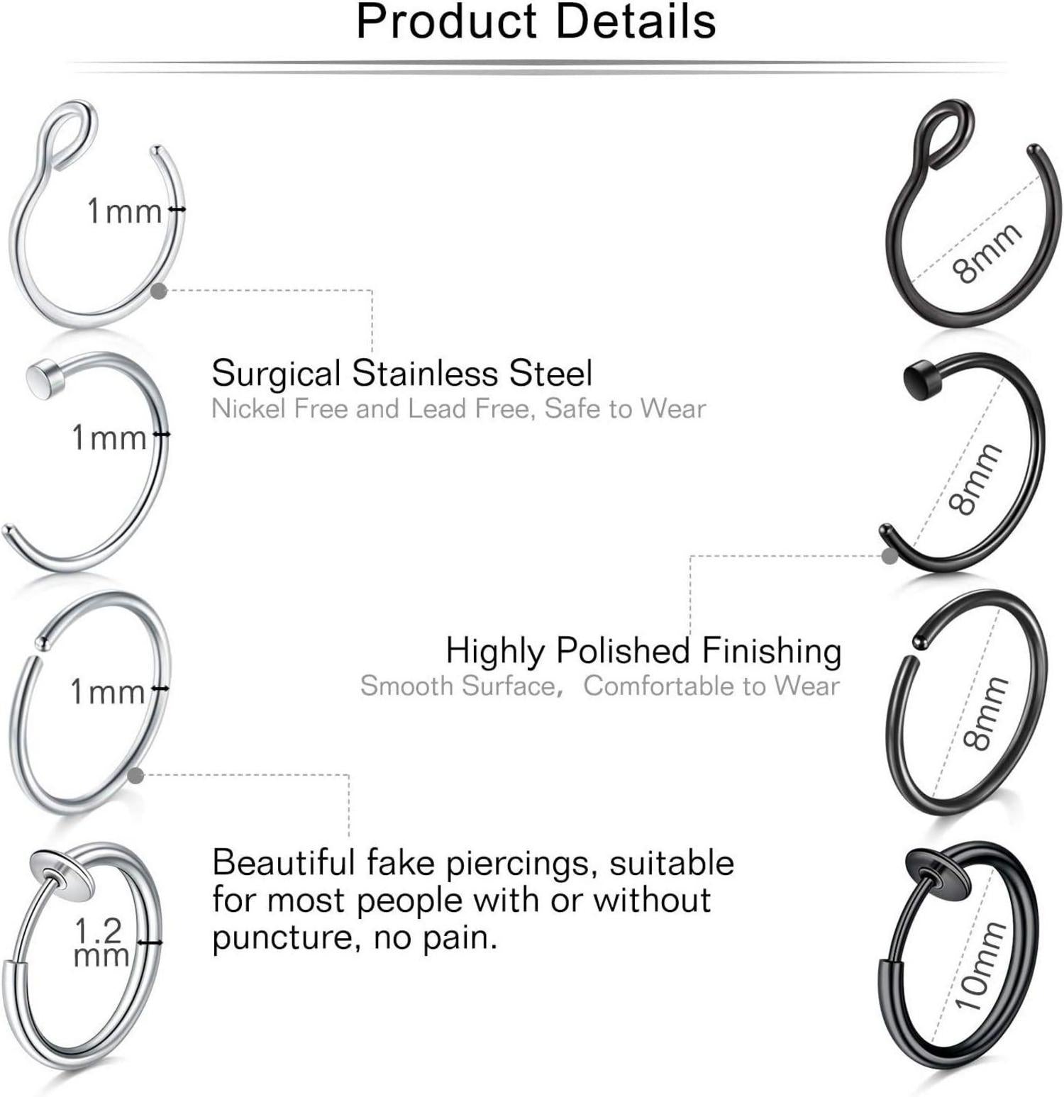 12-16Stk 20G 8mm Fake Nasenpiercings Edelstahl Set mit