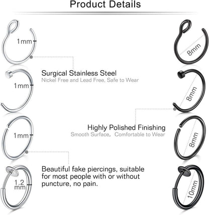 12-16Stk 20G 8mm Fake Nasenpiercings Edelstahl Set mit
