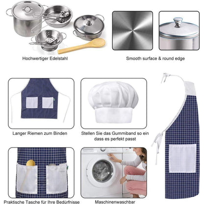 EFO SHM Kinderküche Zubehör Edelstahl Pfannenset Schürze