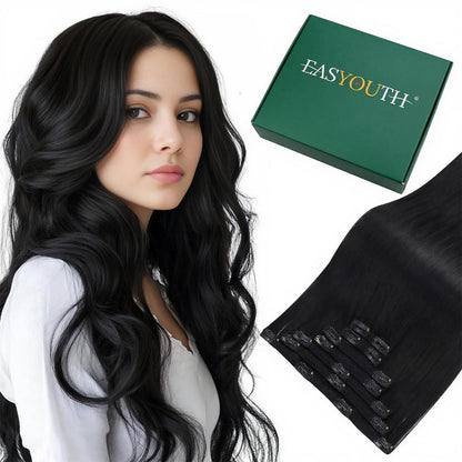 Clip-In Haarverlängerung Echthaar Schwarz 30cm