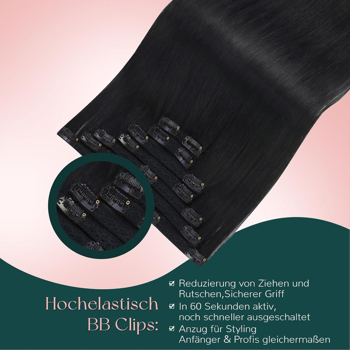 Clip-In Haarverlängerung Echthaar Schwarz 30cm