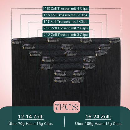 Clip-In Haarverlängerung Echthaar Schwarz 30cm