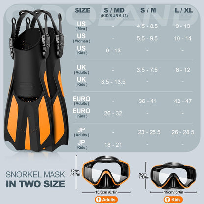 Odoland Schnorchelset Erwachsene 3 in 1 Taucherset Orange S/M 36-41 EU