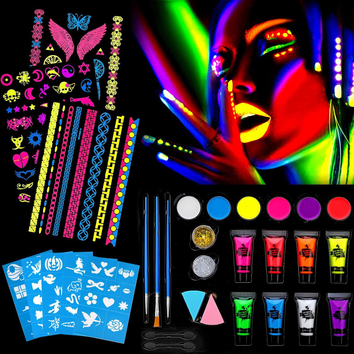UV Bodypainting Farben Set Schwarzlicht Neon Kinder Make-up&Rückgabe