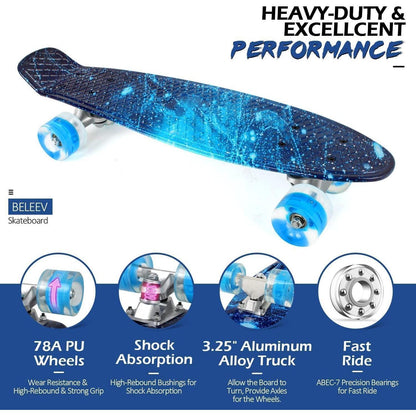 BELEEV Skateboard Komplett 22 Zoll Mini Cruiser mit LED