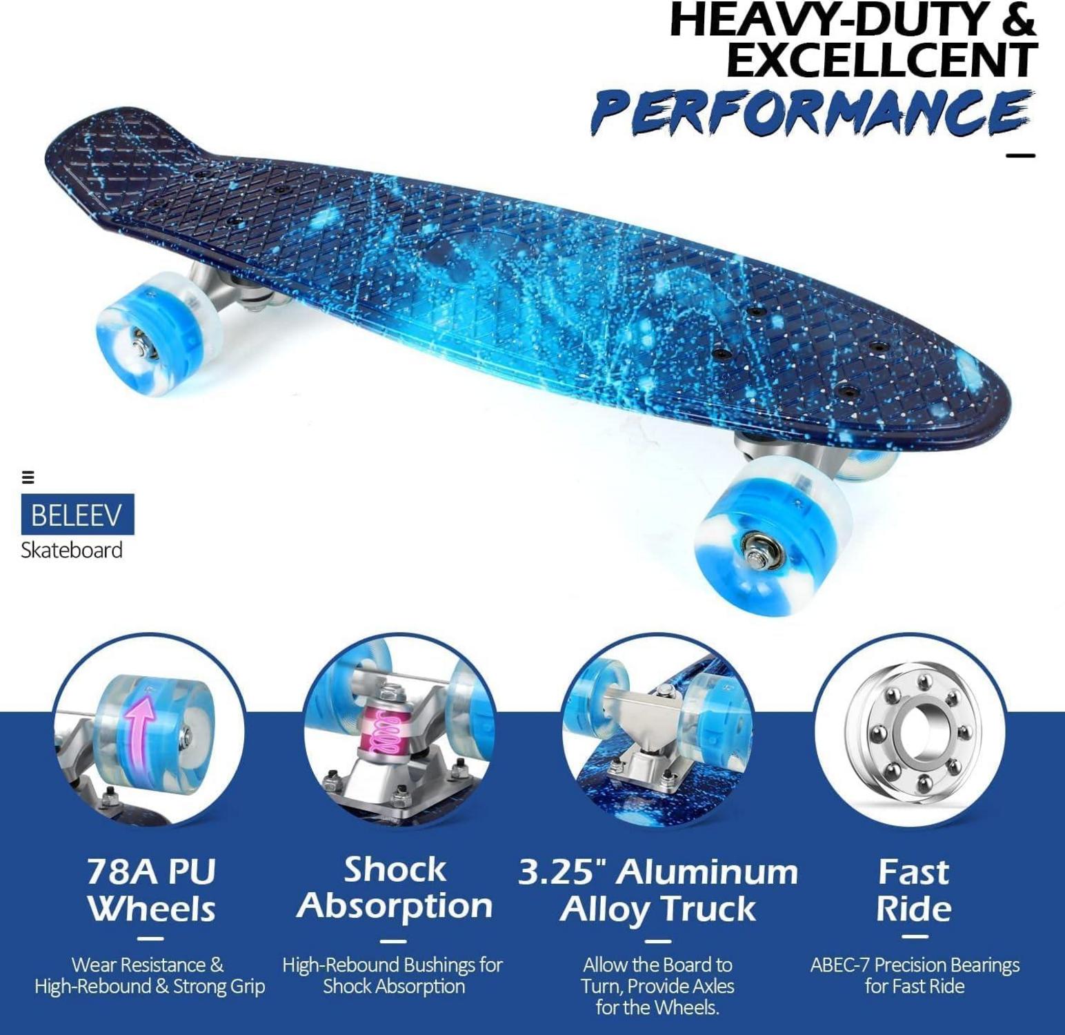 BELEEV Skateboard Komplett 22 Zoll Mini Cruiser mit LED
