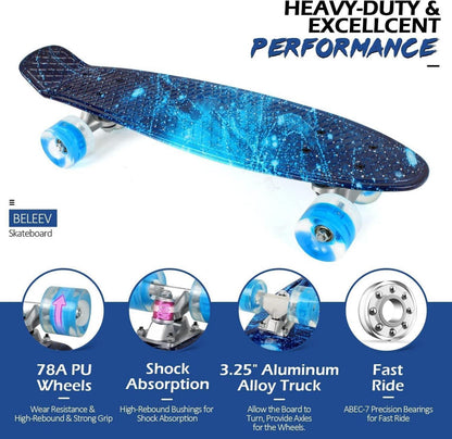 BELEEV Skateboard Komplett 22 Zoll Mini Cruiser mit LED