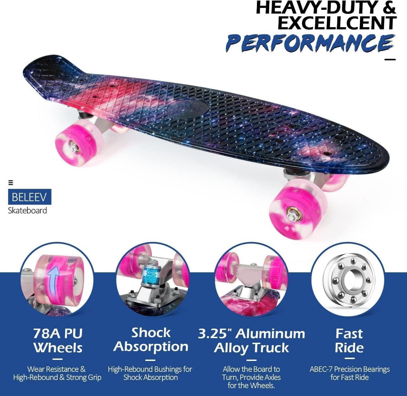 BELEEV 22 Zoll Mini Cruiser Skateboard LED Leuchtrollen Komplett-Set T-Tool Galaxy Purple