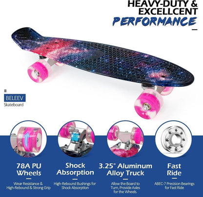 BELEEV 22 Zoll Mini Cruiser Skateboard LED Leuchtrollen Komplett-Set T-Tool Galaxy Purple